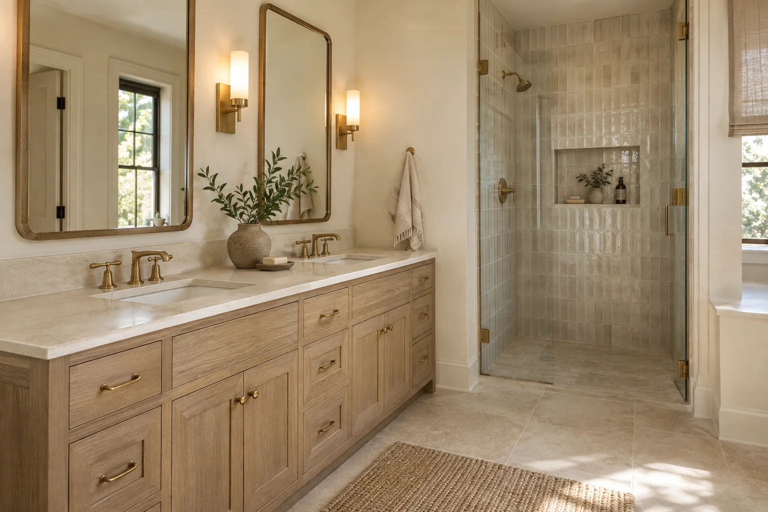 Concept image of an oak bathroom vanity and a tiled walk-in shower