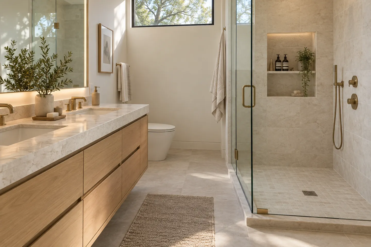 Bathroom concept with an oak vanity, recessed storage, high window, and glass shower.