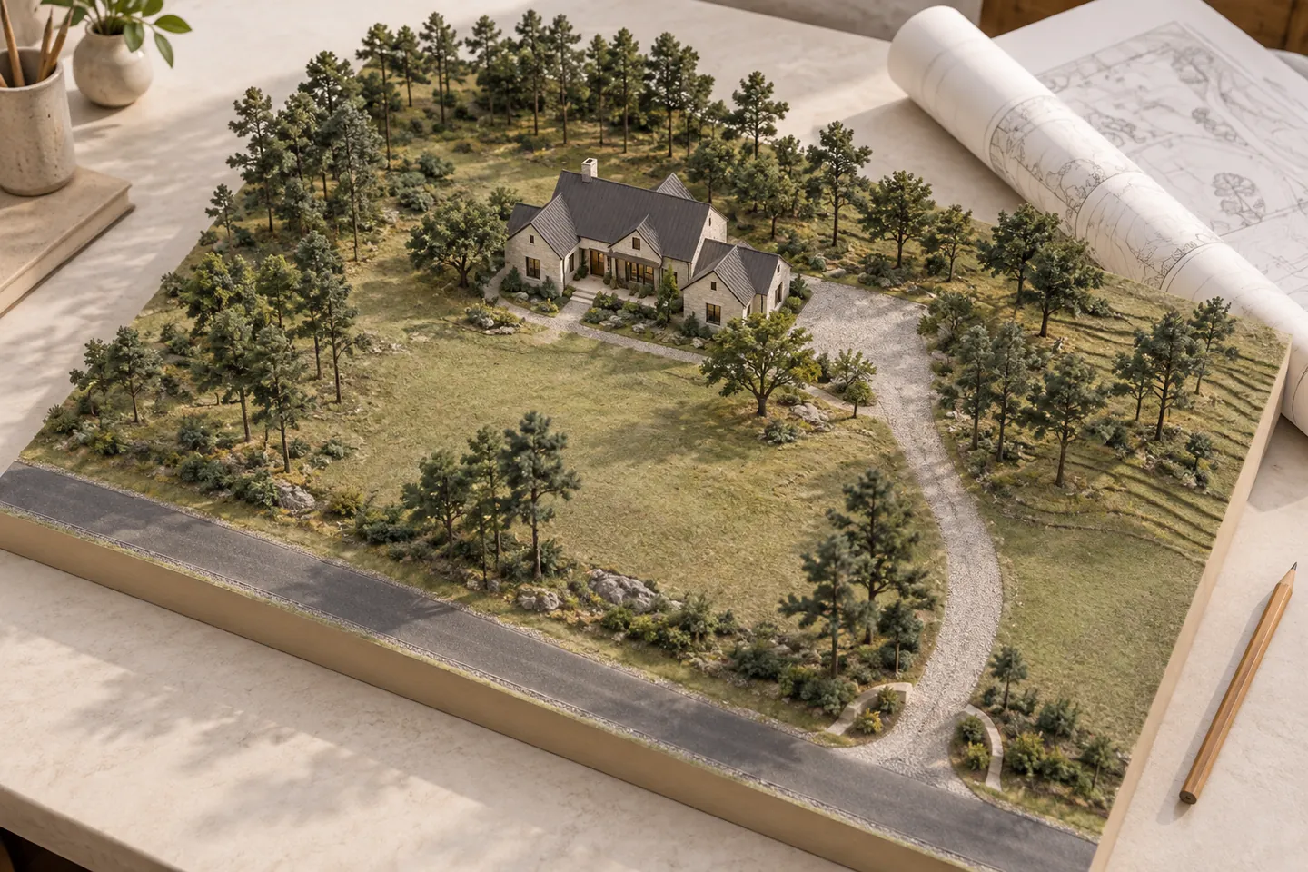 Landscape model showing a home, trees, open yard, driveway, and road alongside survey drawings.