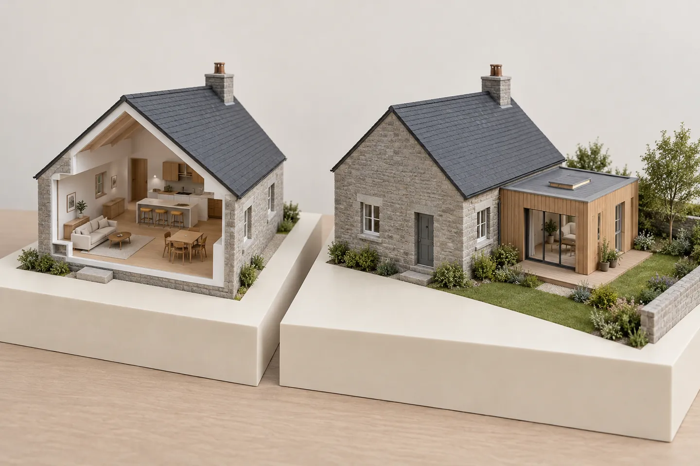 Two architectural models comparing a changed interior layout with a room addition.