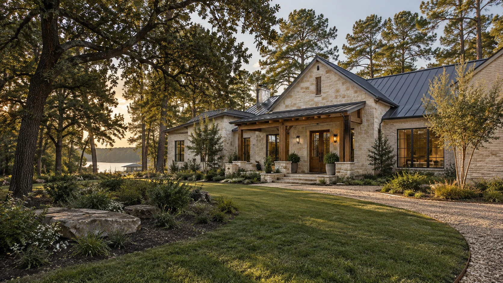 Concept image of a limestone and timber home surrounded by Texas trees