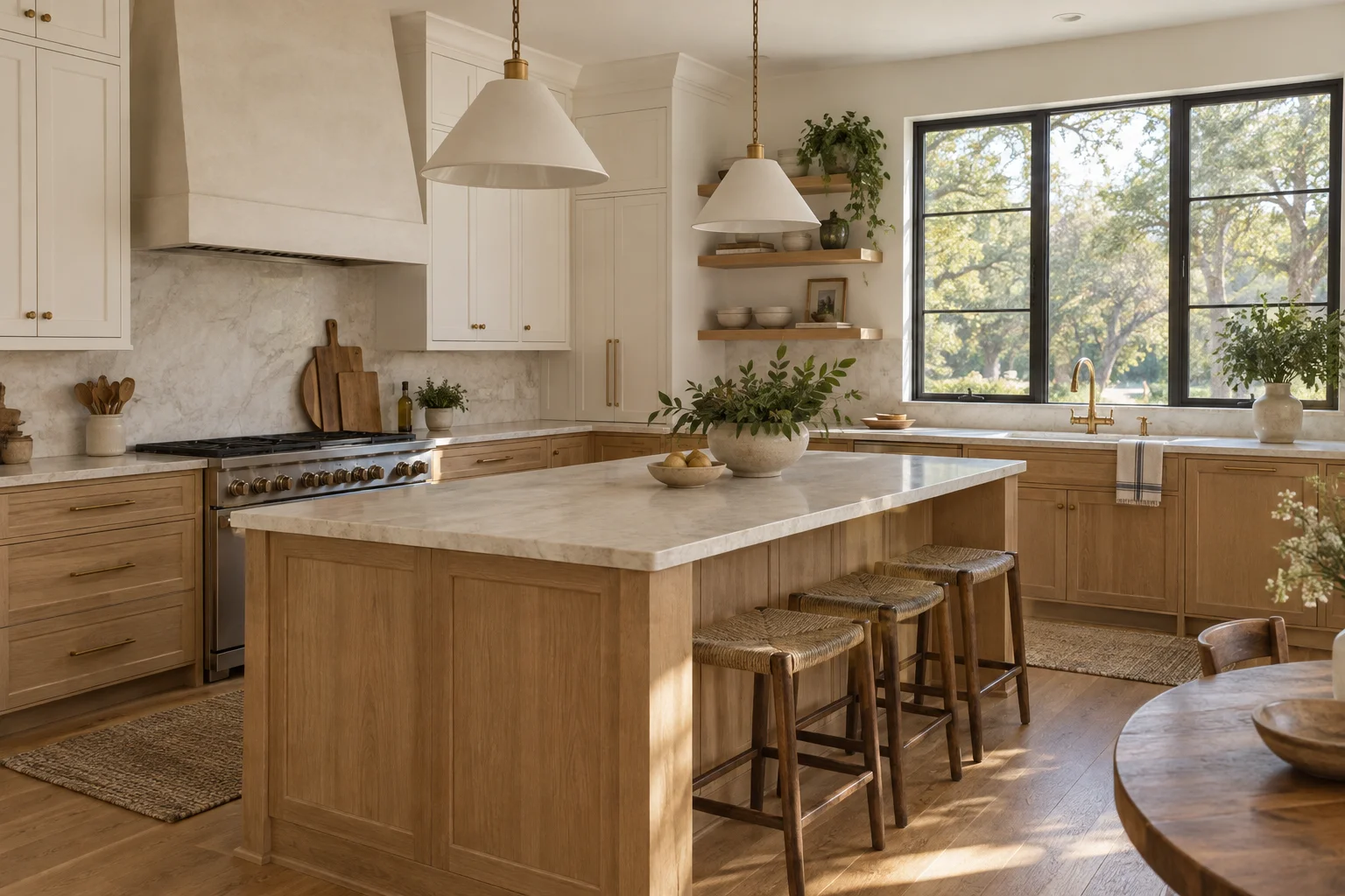 Concept image of an oak and warm-white kitchen with a stone island