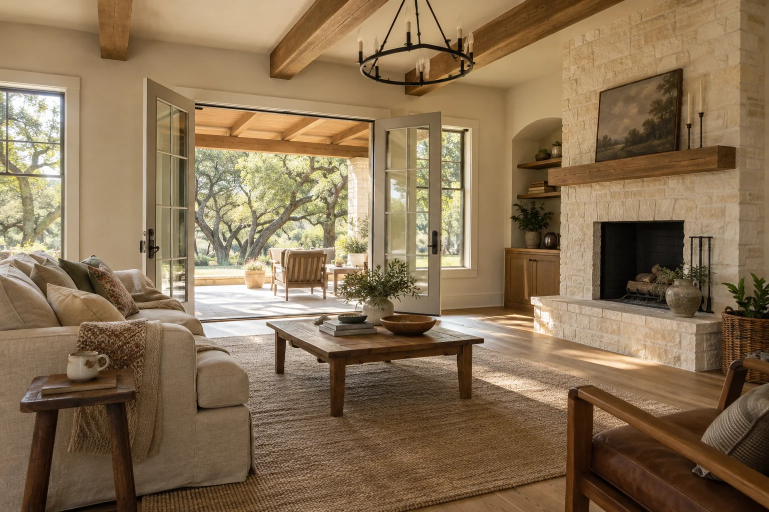Concept image of a warm living room with timber beams and a stone fireplace
