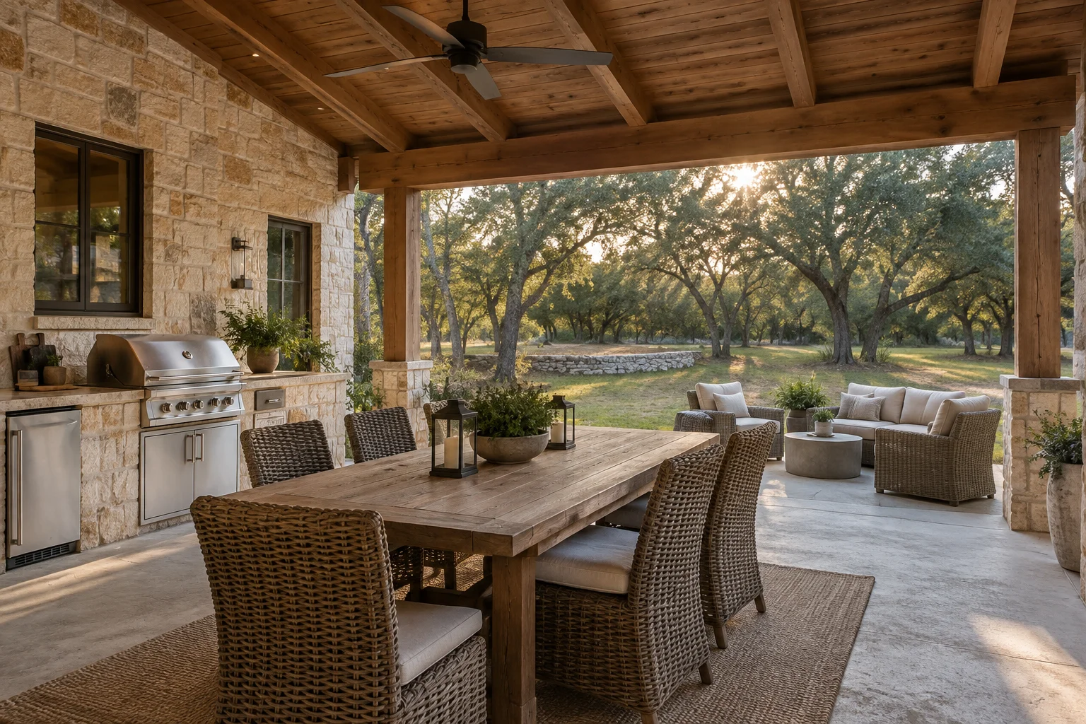 Concept image of a timber-covered patio with an outdoor kitchen and seating